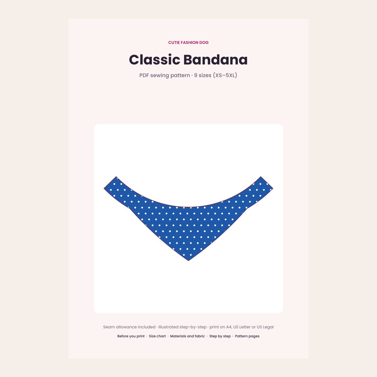 Patrón PDF Bandana Clásica con Velcro para Perro · XS–5XL