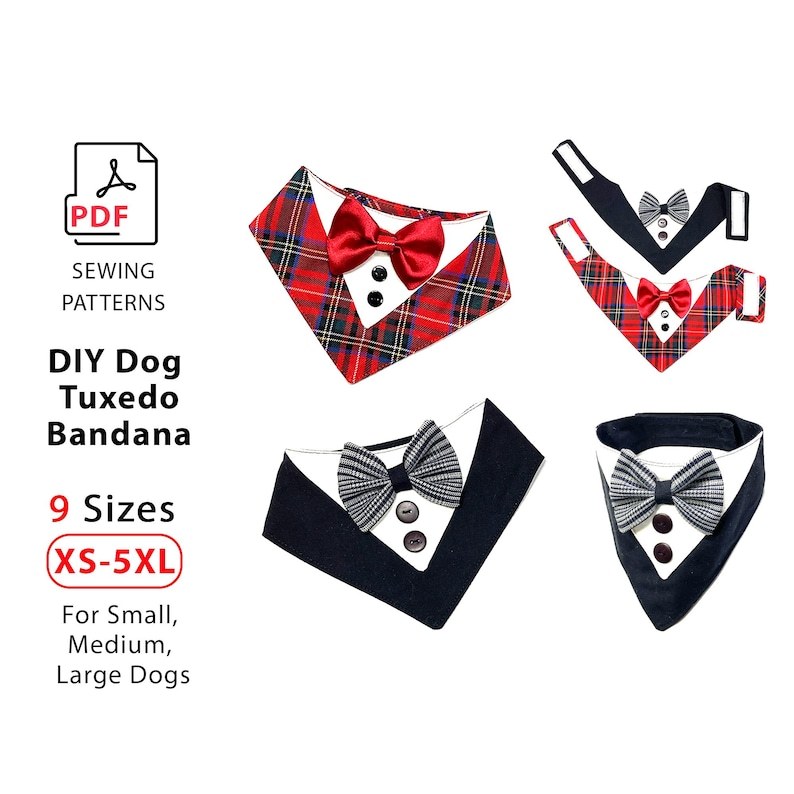 Patrón de costura de bandana de cumpleaños para perro + VIDEO, smoking con pajarita, 9 tallas, PDF descargable
