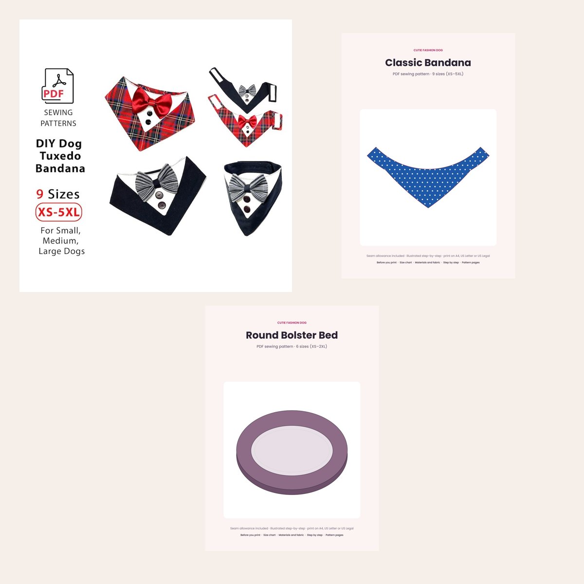Pack · 3 Patrones para Perro (Bandana Smoking + Bandana Clásica + Cama Redonda)