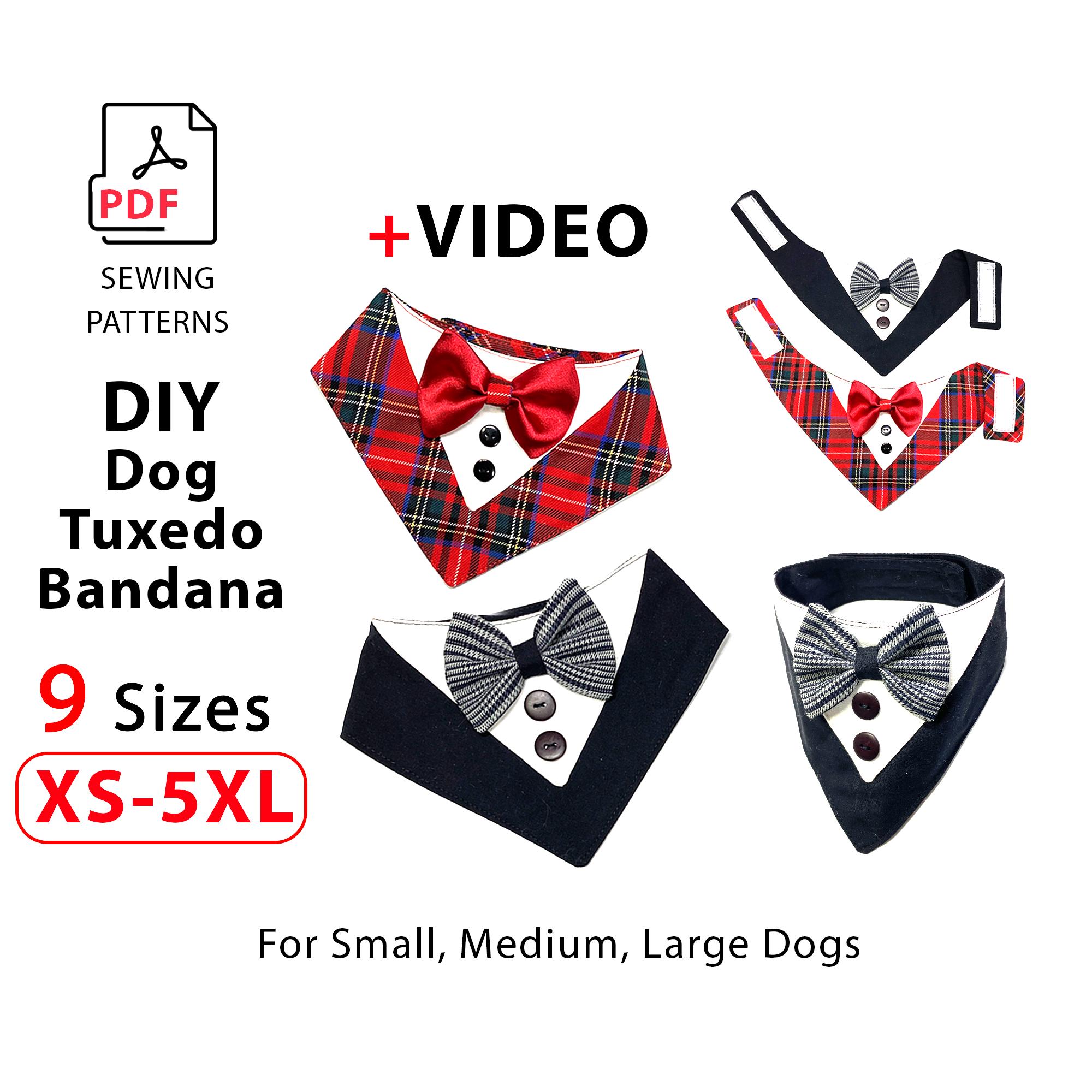 Patrón de costura de bandana de cumpleaños para perro + VIDEO, smoking con pajarita, 9 tallas, PDF descargable